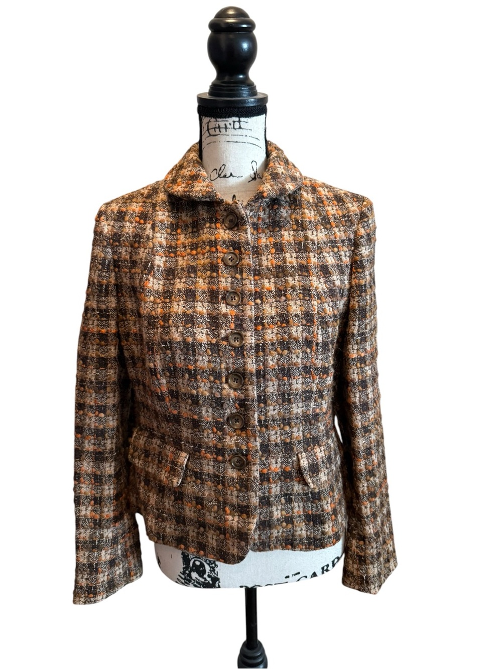 Ann Taylor LOFT Petites Tweed Blazer Jacket Size 10P Brown Orange Wool Preppy